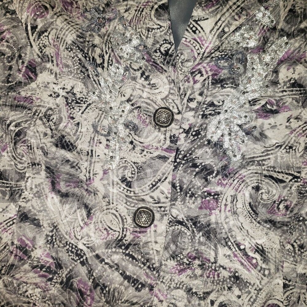 Chico's Parmenia Jacket Purple Pretty Print Silk Beaded Appliques Size 2 Large - Picture 13 of 16